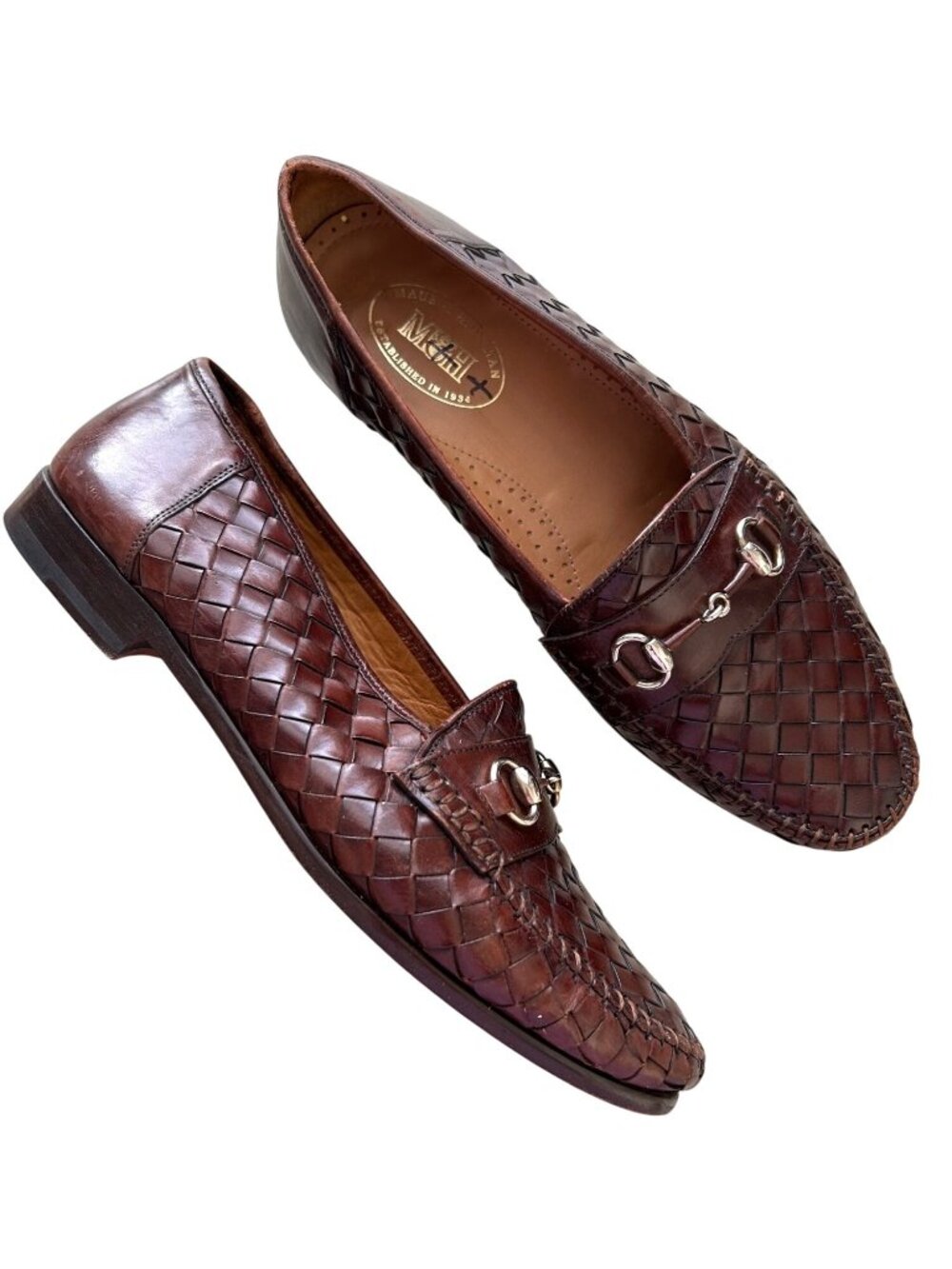 Maus & Hoffman Men's Sz 10 Woven Leather Loafers With Horsebit Detail Brown